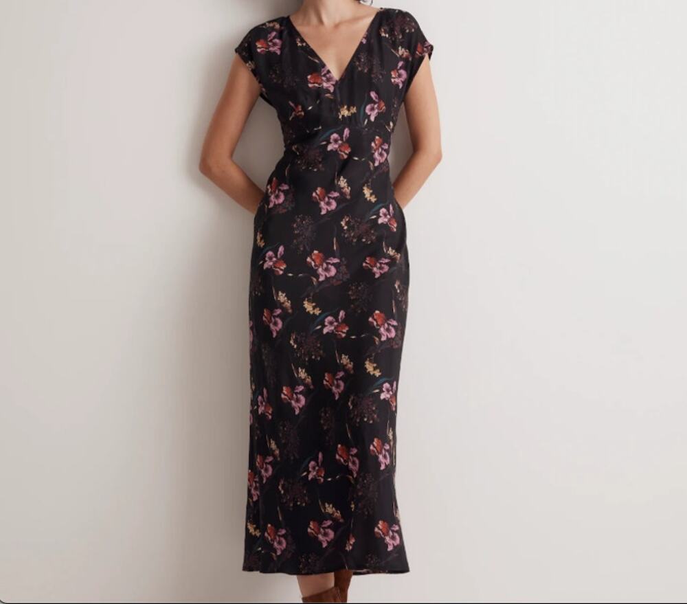 MADEWELL | Black Floral Wide V Neck Midi Dress Vegan Silk 1920s Style | Size 8